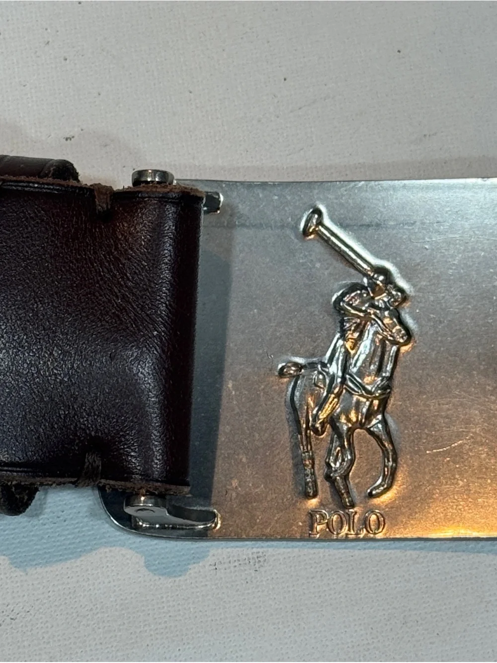 POLO RALPH LAUREN Pony Logo Plaque Buckle Vacchetta Leather Brown Belt 36”